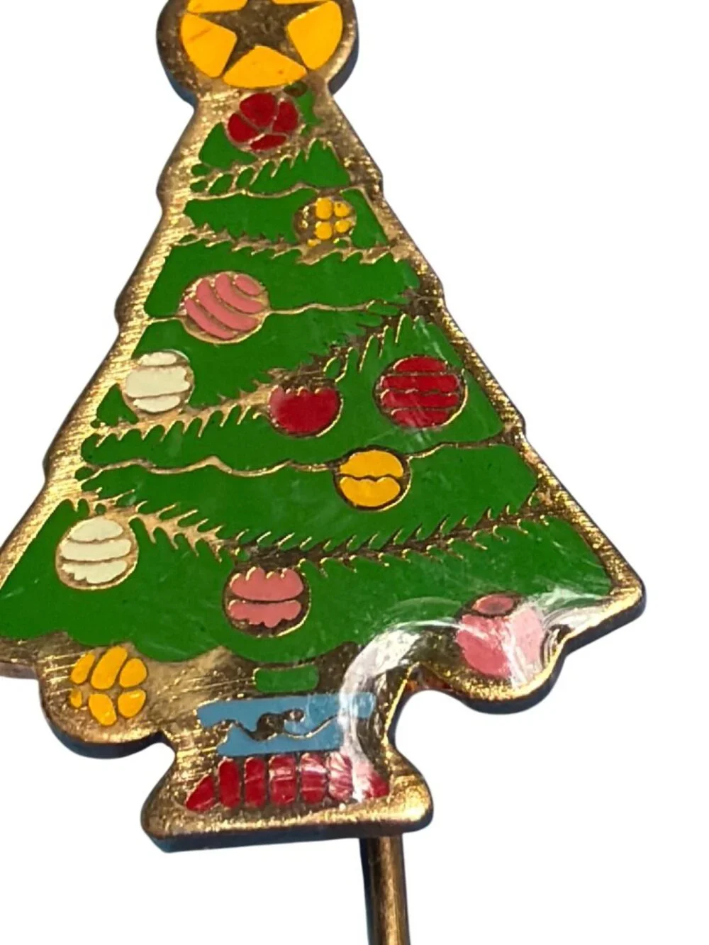 Vintage SWIB 1980 Christmas Tree Enamel Stick Pin Brooch Gold Tone Holiday 2.75
